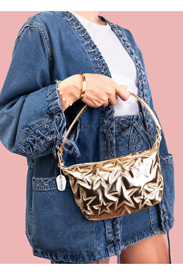 Star Patterned Shiny Handbag with Shoulder Strap