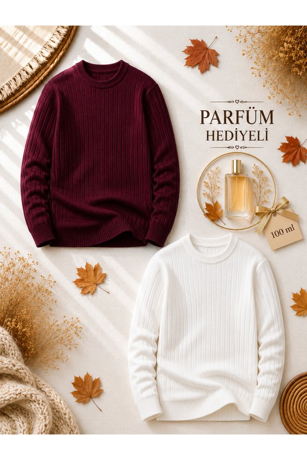Men's 2-Piece Ribbed Knitwear Sweater + 100 ml Perfume Crew Neck Slim Fit Winter Sweater Set