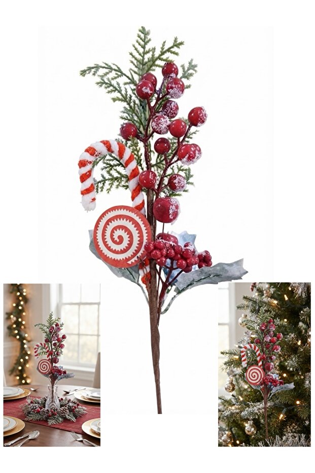 1Pc Christmas Tree and Table Ornament, Decorative Pine Branch with Red Berries and Candy, New Year Party and Home Decoration