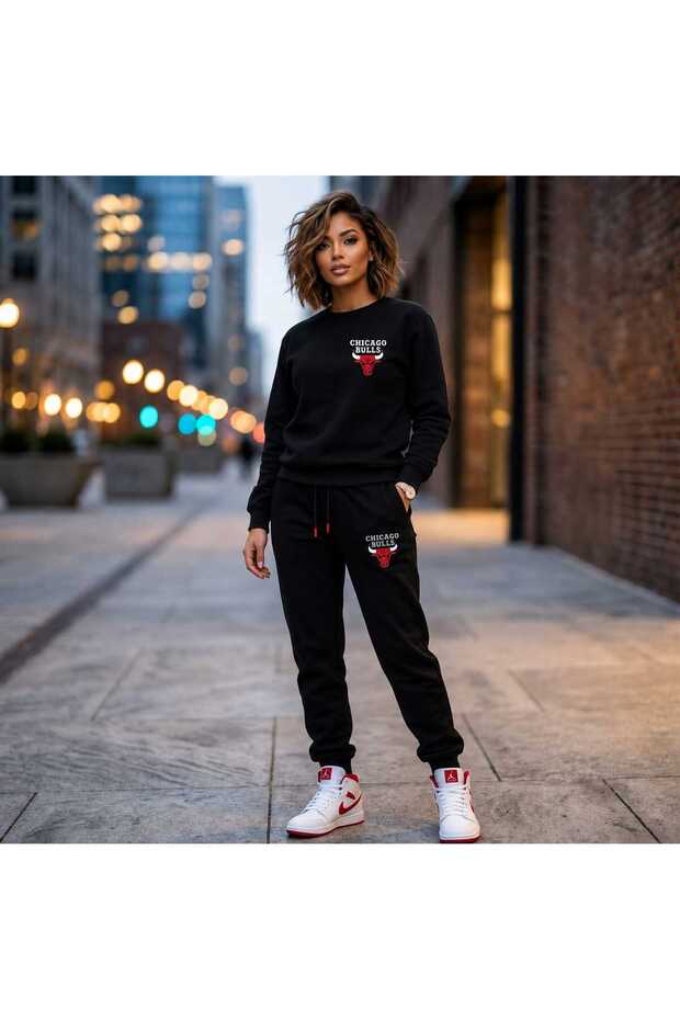 Zero Collar Sweat Suit 2-Piece Combination Winter Shardooned Chicago Bull Printed Women's / Men's Unisex Model