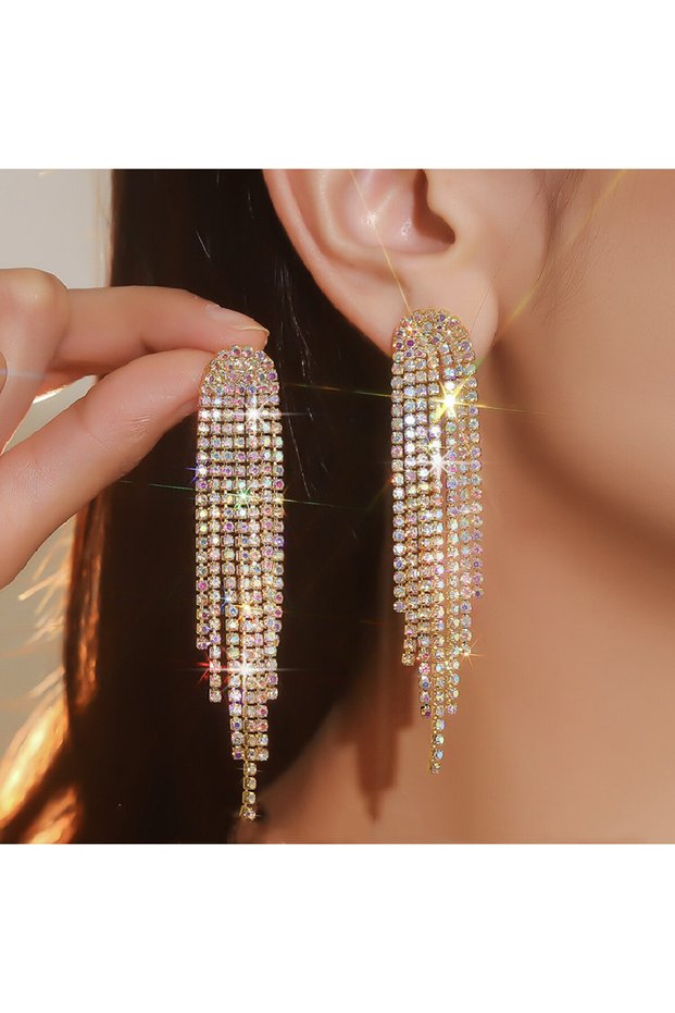 ABgold FYUAN Fashion Long Tassel Drop Earrings for Women Black Gold Silver Color Rhinestone Dangle E