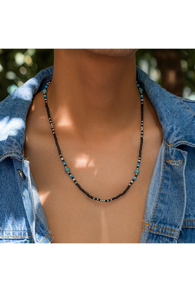 Black Salircon Vintage Black Rice Bead Beaded Short Necklace Trend Casual For Men CCB Necklace Bohem