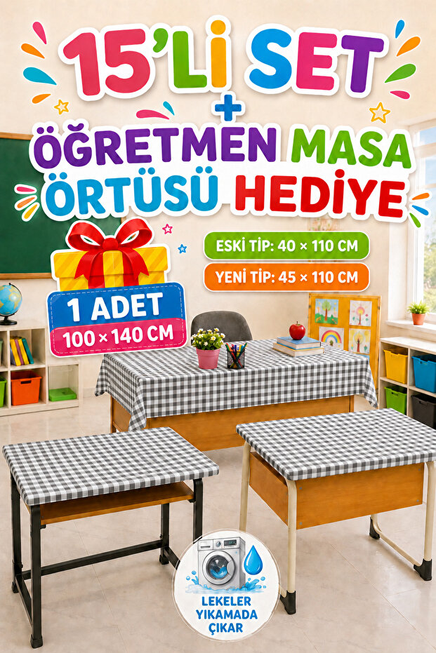 Set of 15 Washable, Stain-Resistant, Elastic School Desk Covers – with Size Options, Teacher's Desk Cover as a Gift