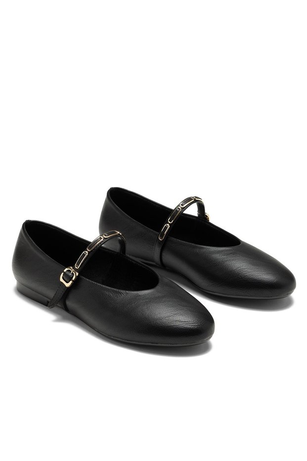 Women's Round Toe Strappy Mary Jane Casual Ballerinas Black Skin