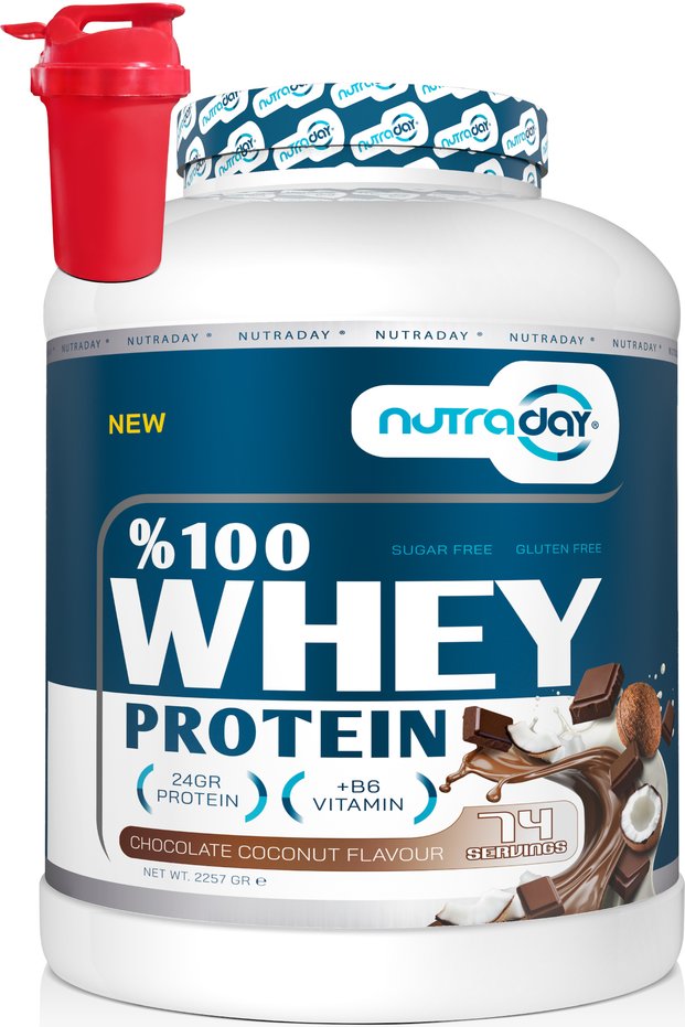 Whey Protein 2257 Gr 74 Servings Chocolate Coconut Flavored 24 Grams of Protein 100% Protein Powder Shaker Gifted