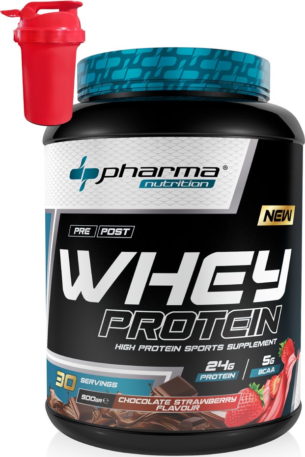 Whey Protein 900 Gr 30 Servings Chocolate Strawberry Flavored 24 Grams of Protein 100% Protein Powder Shaker Gifted