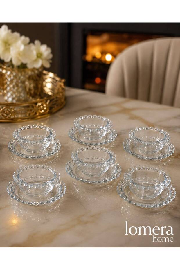 12-Piece Crystal-Look Beaded Patterned Turkish Delight and Snack Bowl Set – 6 Stylish Glass Bowls and 6 Decorative Serving Plates, Coffee Side Dish Presentation Set