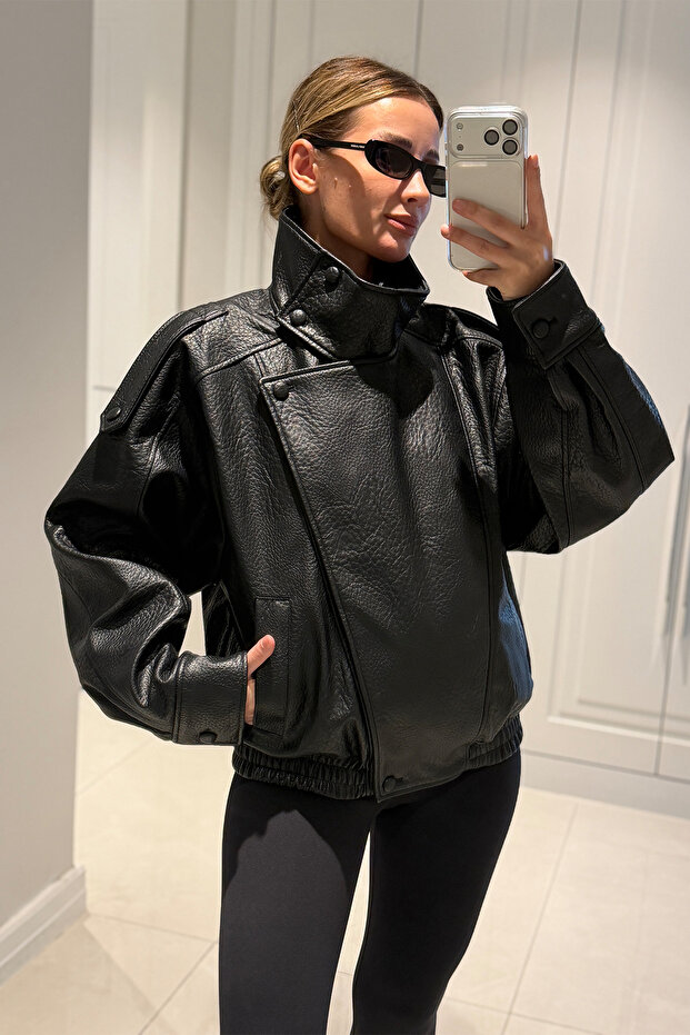 Zr Model Stand Collar Vein Patterned Soft Fabric Water Repellent Women's Viral Oversize Leather Jacket Coat