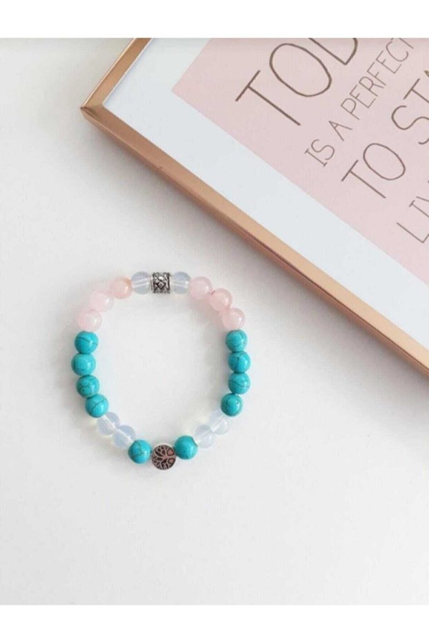 Charm Natural Stone Women's Talisman Bracelet (Moon Stone Pink Quartz Turquoise Natural Stone Bracelet)