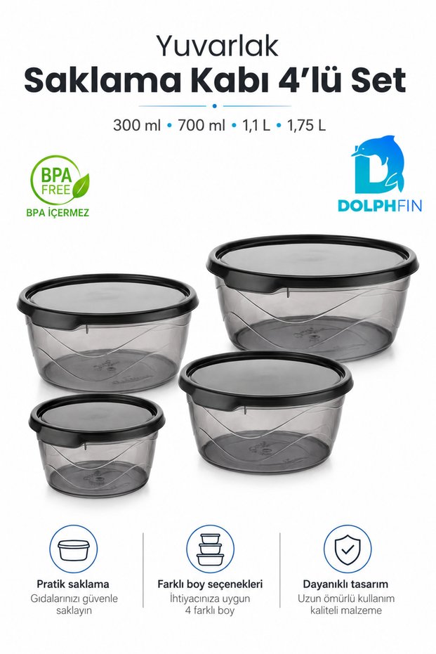 Set of 4 Round Storage Containers 300 ml 700 ml 1.1 L 1.75 L Smoked Transparent Bpa-Free