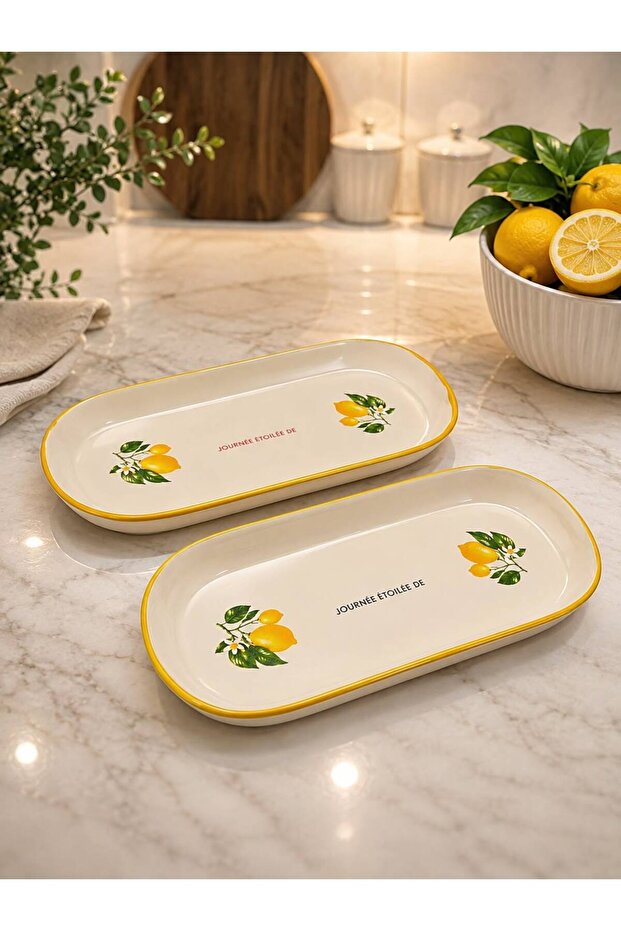 Lemon Pattern 2-Piece Kayık Plate Ceramic 26 cm Serving Presentation Plates
