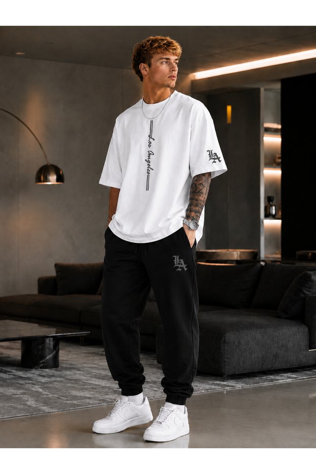 Los Angeles Sleeve Print Detailed Cotton Oversize T-Shirt Tracksuit Adult Set
