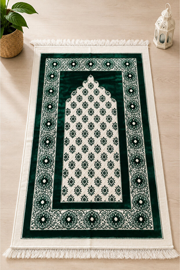 Ultra Luxury Velvet Woven Prayer Rug with Soft Texture and Fringes, Mihrimah Patterned Prayer Mat, Green