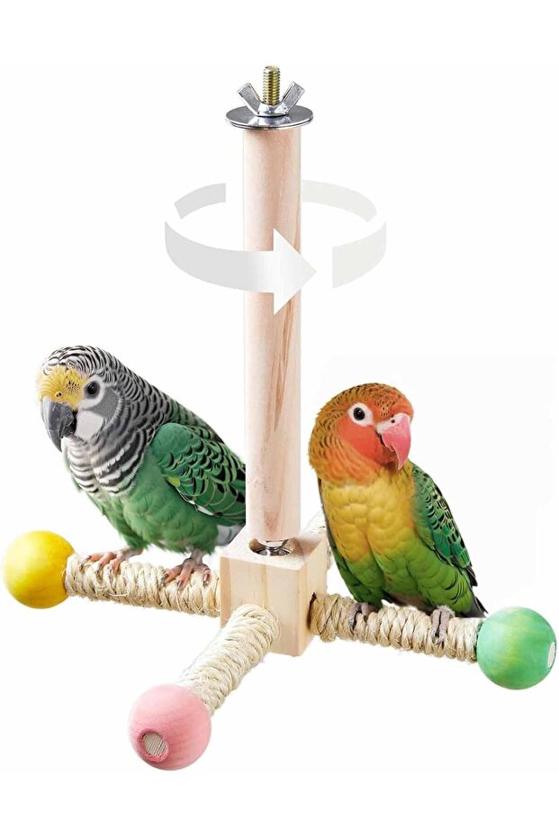 Interactive Spinning Wooden Parrot Perch Toy with 4 Perches for Bird Cage Exercise