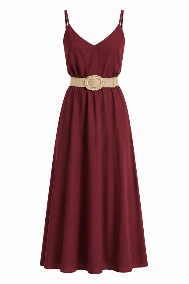 Burgundy Straw Belted Dress - 2Y3303