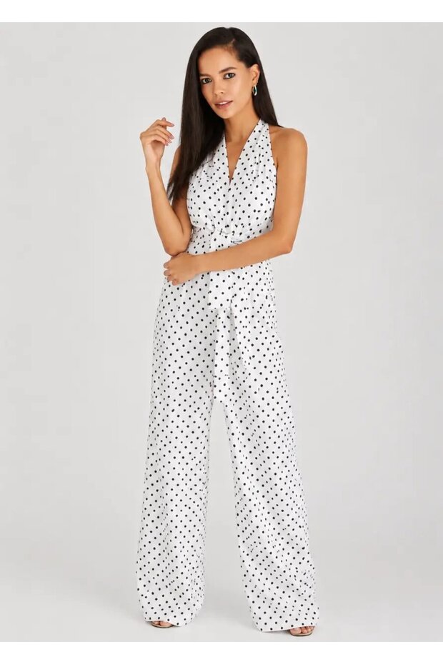 Polka Dot Halter Neck Belted Wide Leg Women's Jumpsuit