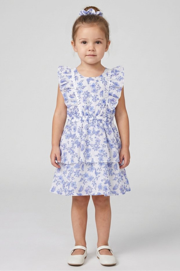 Toddlers Girl 2 Pcs Floral Print Dress With Scrunchies, Multicolor
