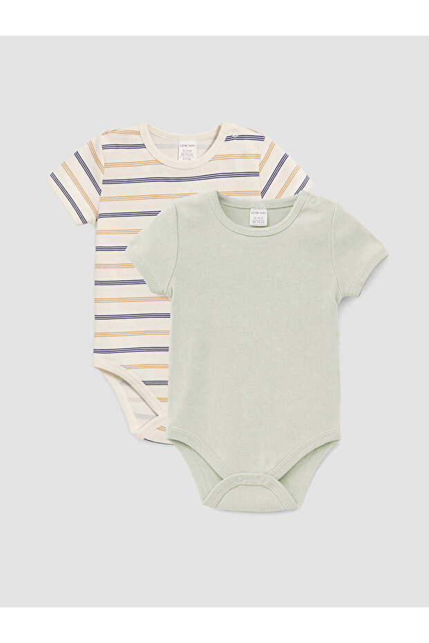 Ecru crew neck baby boy snap-on bodysuit 2-pack