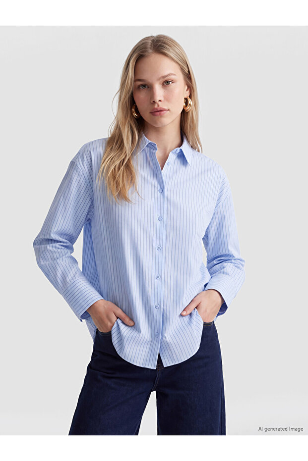 Vizyon New Season Blue Striped Poplin Women's Shirt