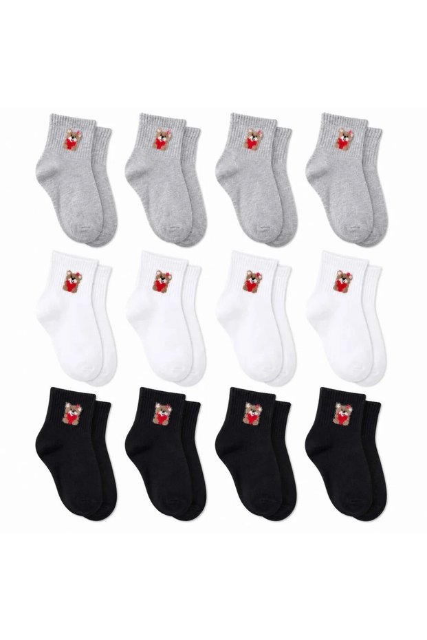 Wak Women's Teddy Bear Patterned Short Socks 12-Pack, 80% Cotton Seamless Toe, Breathable Soft Ankle Socks, Black White Gray