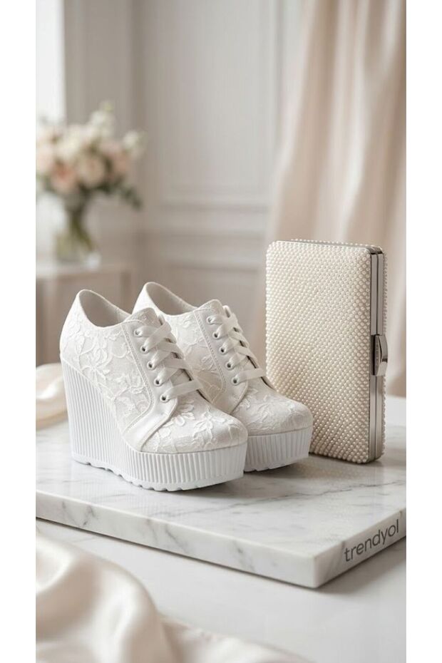 Women's White Plain Lace Embroidered Platform Bridal Sneakers & Pearl Clutch Bag Set