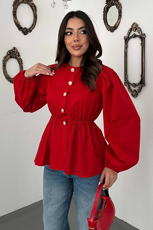 Women's Red Crew Neck Buttoned Balloon Sleeve Elastic Waist Cotton Peplum Blouse