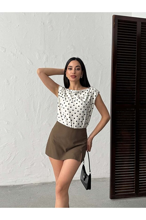 Women's White Polka Dot Blouse Boat Neck Drape Detail Short Sleeve Regular Fit