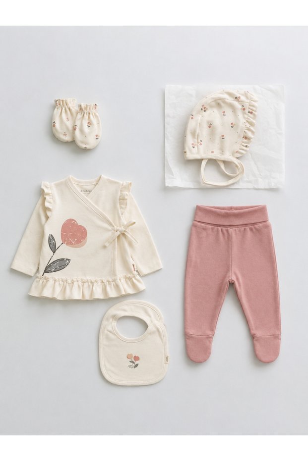 Baby Cotton Floral Detailed Ecru Powder 5 Piece Hospital Discharge Set