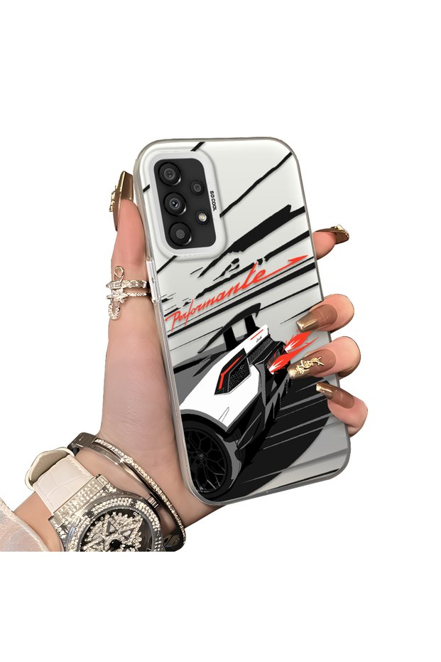 Samsung Galaxy A33 Compatible Stylish Racing Car Pattern Acrylic Back Panel Silicone Edge Shock Absorbing Case