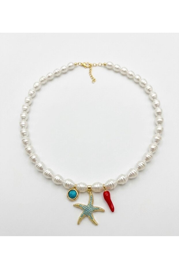 Pearl and Charm Necklace (Red Pepper Starfish and Turquoise Stone Charm Necklace)