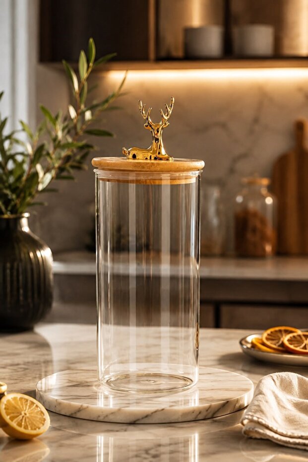 Round Glass Storage Container with Single Deer Figure and Bamboo Lid, Gold