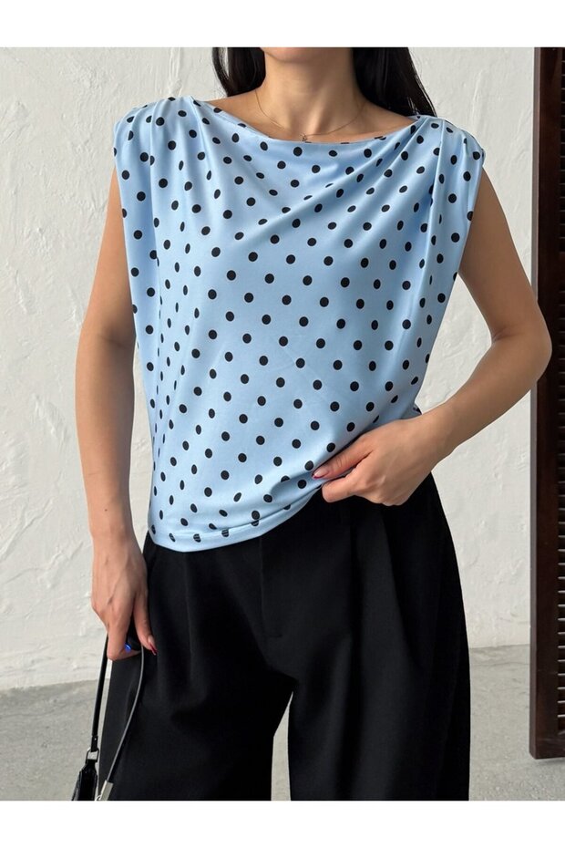 Women's Blue - Blue Polka Dot Blouse Boat Neck Drape Detail Short Sleeve Regular Fit