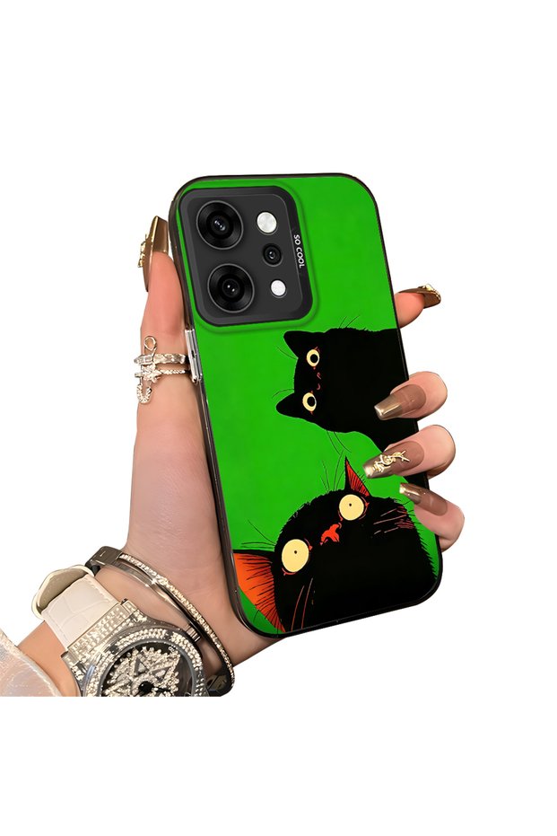 Oppo Reno14 Pro Compatible Hard Acrylic Back Silicone Edge Lens Protection Case Cat