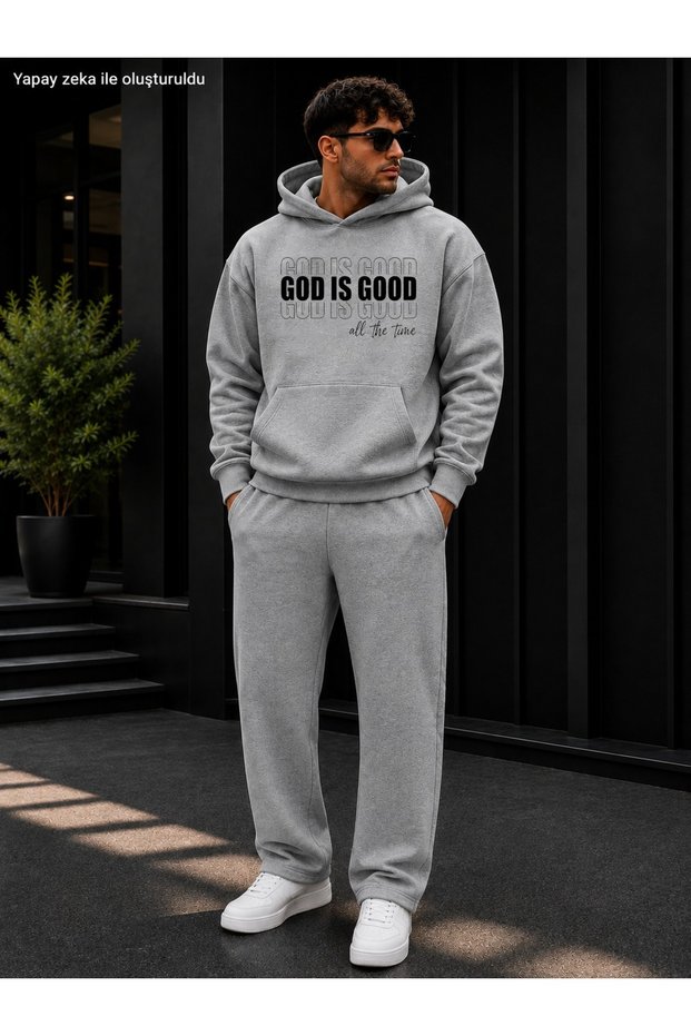 Men's God Is Good Written Sweatpants Set / Round Neck Cotton Sweatshirt and Straight Leg Bottoms