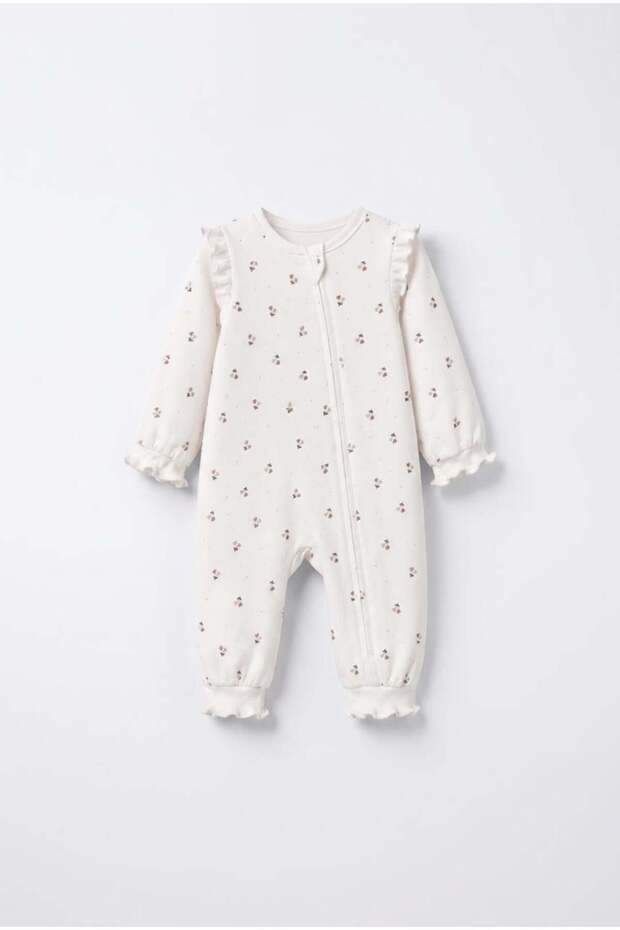 Baby Cotton Floral Patterned Ecru Zippered Ruffle Detailed Jumpsuit
