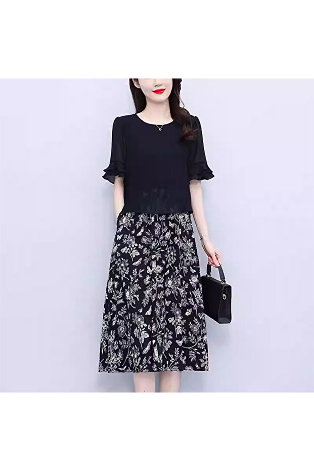 Women's Black Floral Midi Dress