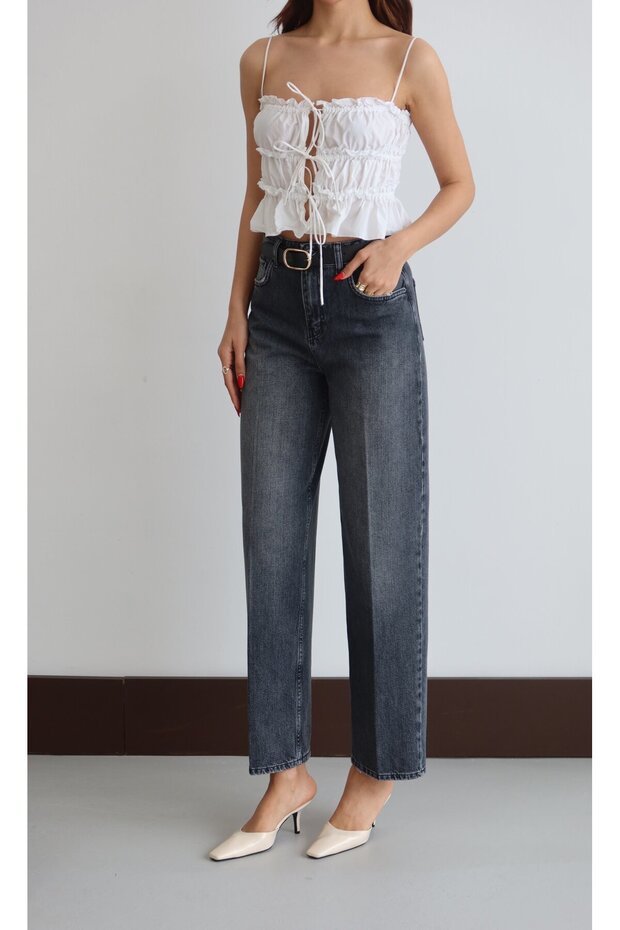 Women's Anthracite Jean Trousers High Waist Belted Balloon Fit 5 Pockets