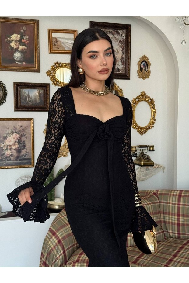 Women's Black Lace Midi Dress with Heart Collar and Rose Detail, Long Sleeves