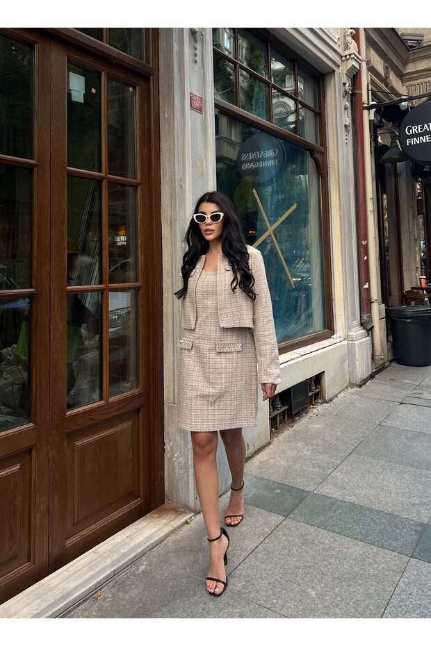 Women's Mink - Mink Skirt Suit Glittery Woven Jacket Skirt Suit Square Collar Short Jacket Midi