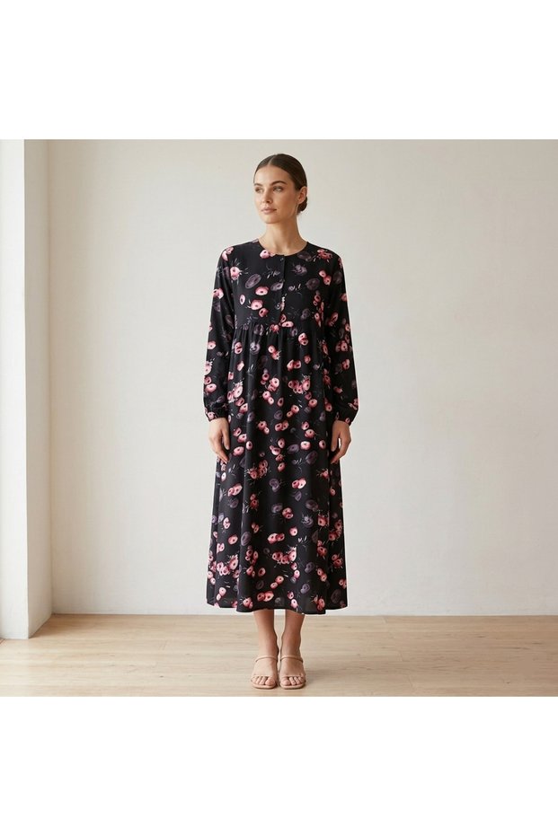 Women's Black Pink Floral Round neck Maxi Dress