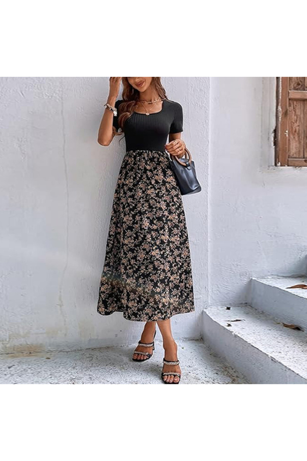 Women's Black Floral Midi Dress