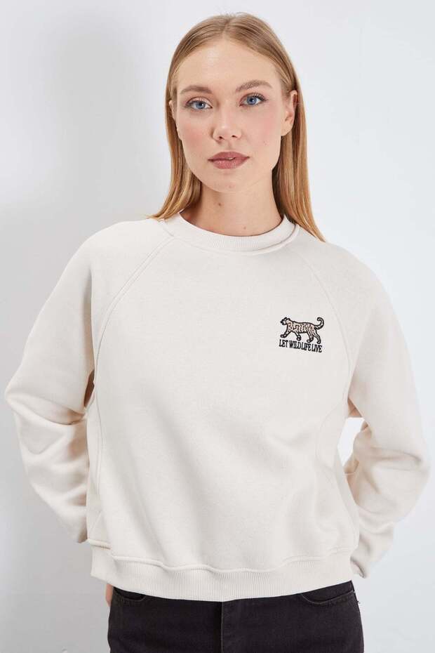 3 Thread Leopard Embroidered Raglan Sleeve Oversize Sweatshirt