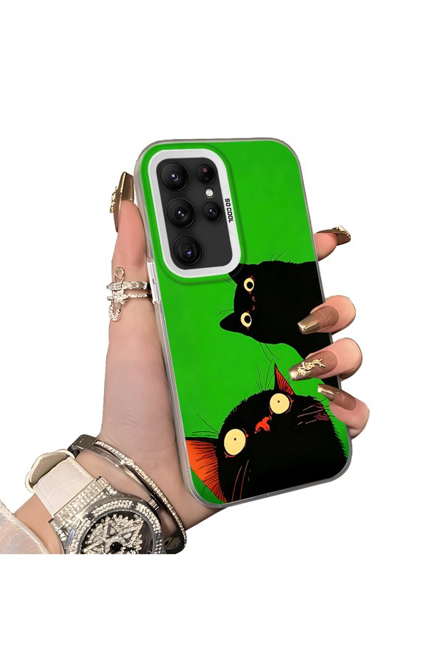 Samsung Galaxy S22 Ultra Compatible Hard Acrylic Back Silicone Edge Lens Protection Case Cat