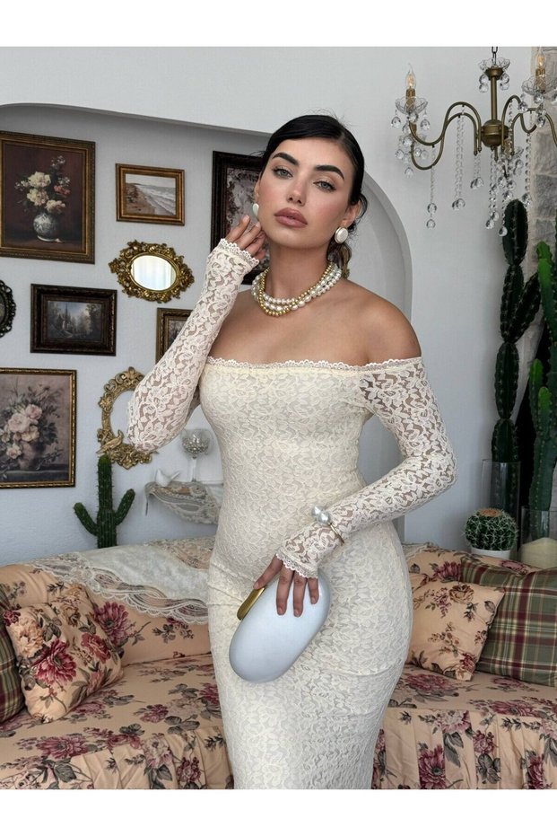 Women's Beige Long Lace Dress Boat Neck Long Sleeve Bodycon Flounce