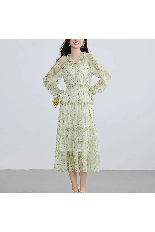 Women's Green Floral Long sleeve Maxi Dress