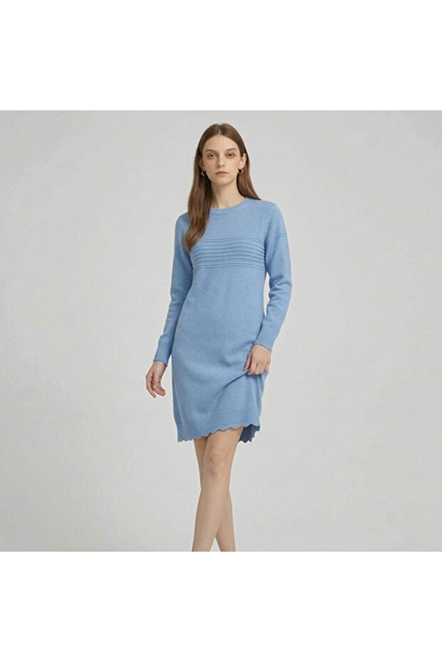 Women's Blue Crew neck Long sleeve Mini Dress