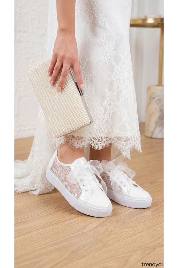 Women's White Lace Flat Sole Bridal Sneakers with Tulle Laces and Pearl Bag Combination