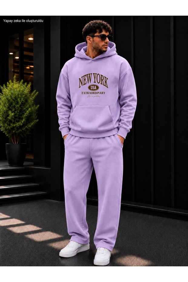 Men's New York Usa Printed Tracksuit Set / Round Neck Cotton Sweatshirt and Straight Leg Bottoms