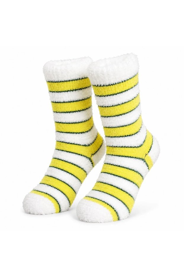 Wak Plush Striped Women's Sleeping Socks 36-40 Soft, Warm, Non-Squeezing Home Socks Yellow White