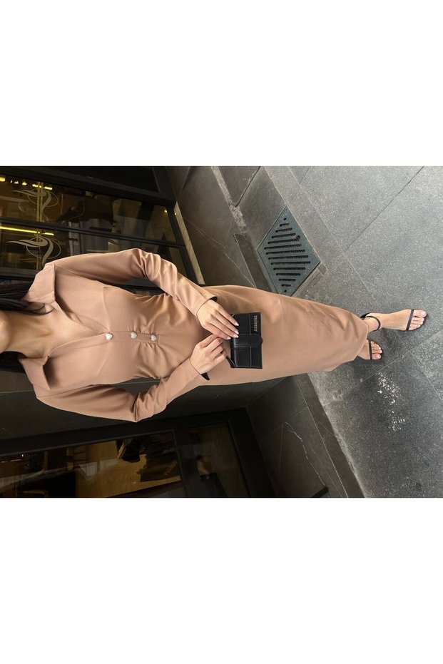 Women's Mink - Mink Shirt Collar Long Sleeve Button Detailed Shirred Midi Dress